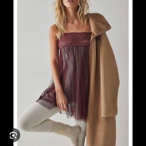FP Intimatley Free People Keep Talking Sheer Mesh Embroidered Slip Wine Plum L